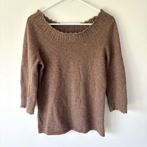 Mainbocher Pure 100% Cashmere Brown Sweater 3/4 Sleeve Knit Crochet Luxury